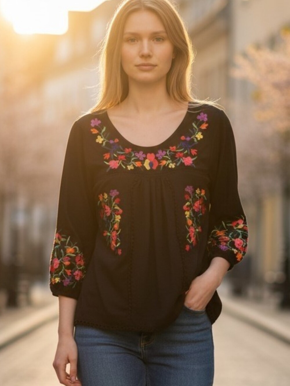 🔴Poof Black Embroidered Floral Peasant Top